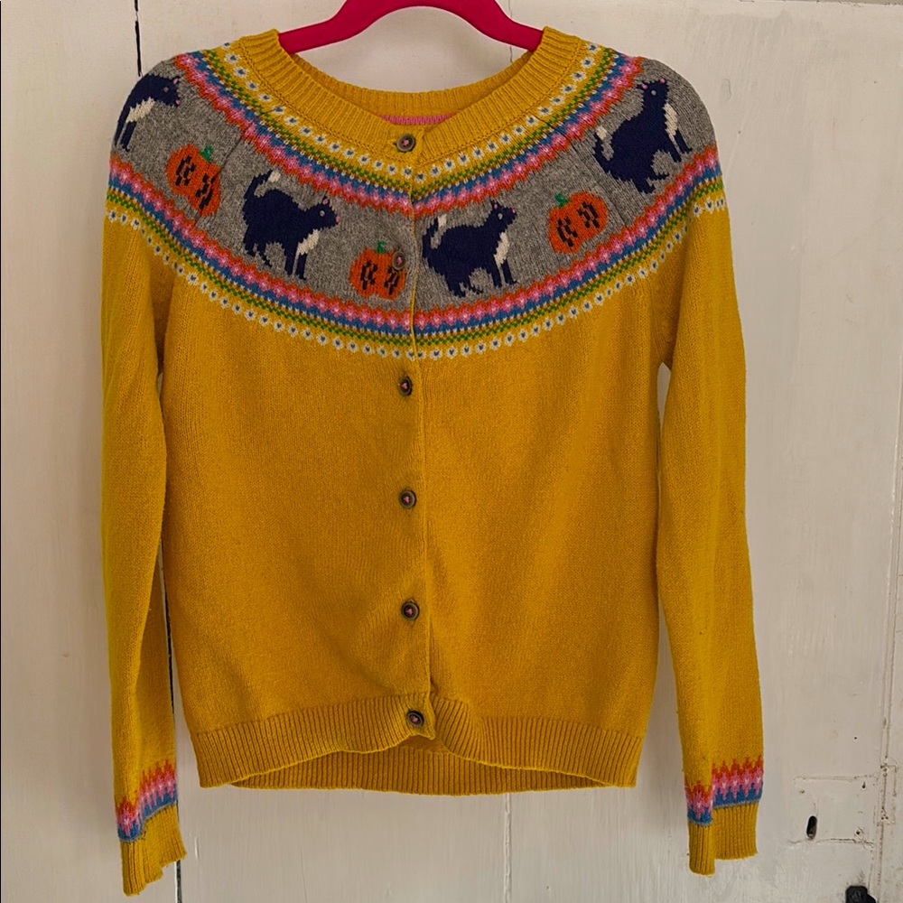 Girls Mini Boden Yellow Cat Pattern Sweater